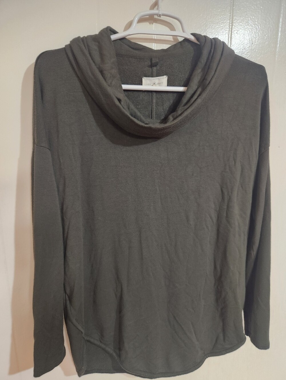 Lou & Grey Signaturesoft Cowl Neck Sweater Olive Green Plush Tunic Knit Top SM